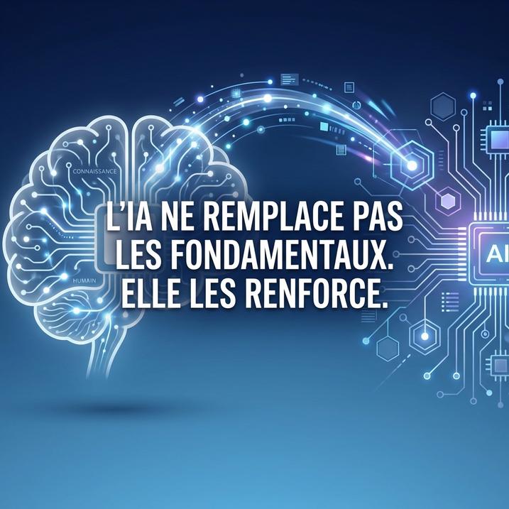 L'image évoque le rôle de l'intelligence artificielle dans l'automatisation des pratiques vétérinaires, soulignant qu'elle ne remplace pas les fondamentaux, mais les renforce.