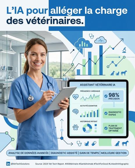 L'image met en avant l'utilisation de l'intelligence artificielle pour automatiser certaines tâches vétérinaires, améliorant ainsi la charge de travail et le diagnostic des animaux avec précision et efficacité.