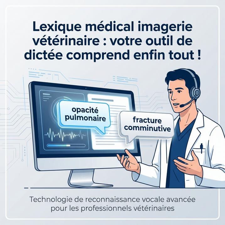 Cette image illustre l'utilisation de l'intelligence artificielle et de l'automatisation dans le domaine vétérinaire, mettant en avant un outil de dictée évolué qui comprend le vocabulaire médical spécifique.