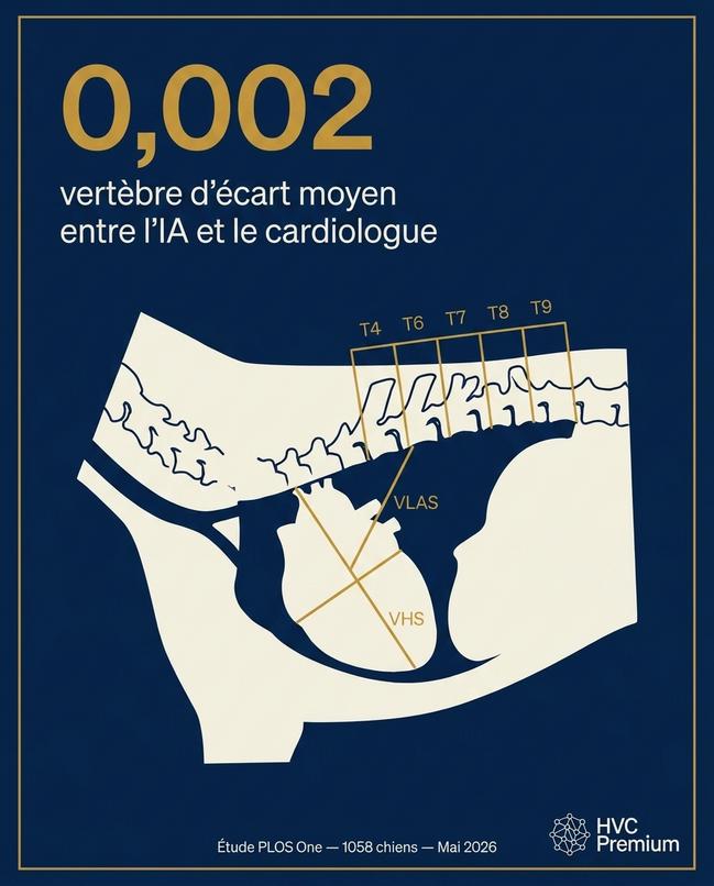 L'image illustre une étude sur l'anatomie vétérinaire, soulignant le rôle de l'intelligence artificielle dans l'automatisation des mesures entre les vertèbres et les cardiologues, avec un écart moyen de 0,002.