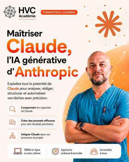 L'image présente une formation e-learning pour vétérinaires sur l'utilisation de l'intelligence artificielle, notamment Claude, pour automatiser et améliorer leurs tâches professionnelles.