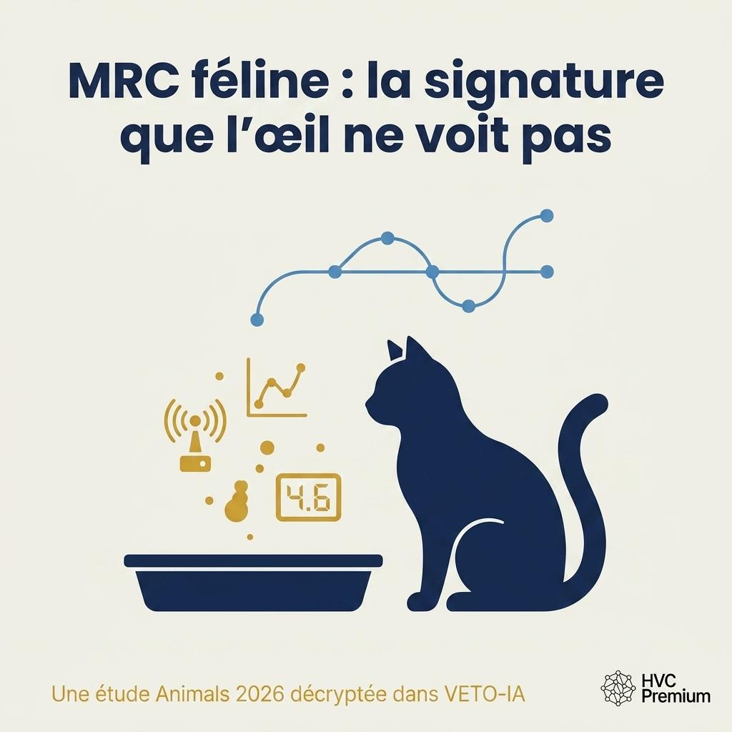 L'image illustre l'utilisation de l'intelligence artificielle et de l'automatisation dans le domaine vétérinaire pour analyser des données liées à la MRC féline, révélant des informations invisibles à l'œil nu.