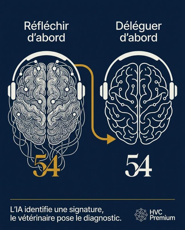 L'image illustre l'interaction entre l'intelligence artificielle, qui identifie des signatures, et le vétérinaire, qui pose le diagnostic, soulignant l'importance de l'automatisation dans les soins vétérinaires.