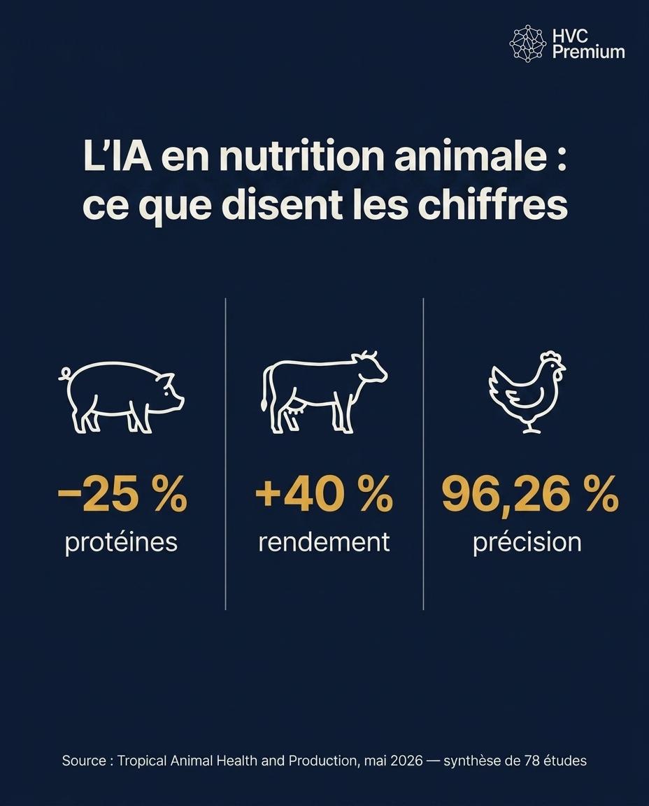 L'image met en avant l'impact de l'intelligence artificielle et de l'automatisation sur la nutrition animale, affichant des réductions de protéines et des augmentations de rendement, éclairant ainsi le rôle des vétérinaires.