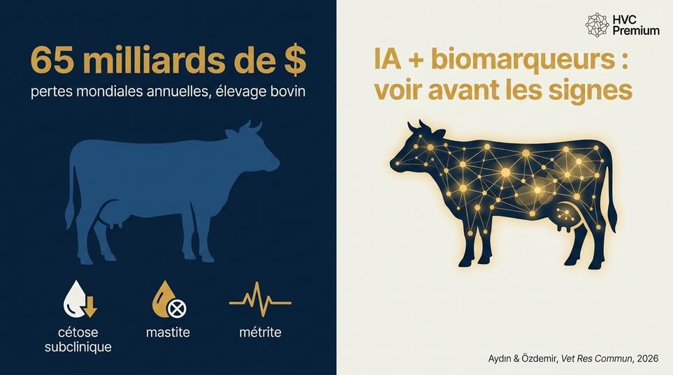 Cette image illustre comment l'intelligence artificielle et l'automatisation peuvent aider les vétérinaires à détecter précocement des maladies bovines, réduisant ainsi des pertes de 65 milliards de dollars par an.