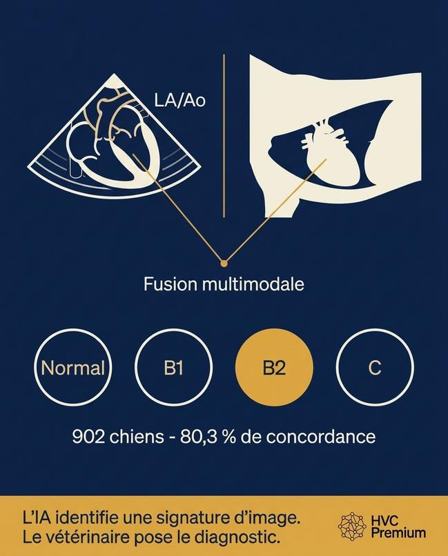 L'image illustre comment l'intelligence artificielle et l'automatisation aident les vétérinaires à poser des diagnostics en identifiant des signatures d'image, avec un taux de concordance de 80,3 % sur 902 chiens.