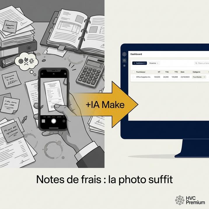 L'image illustre l'automatisation des notes de frais via une application d'intelligence artificielle, facilitant le travail des vétérinaires et d'autres professionnels en numérisant simplement des reçus.
