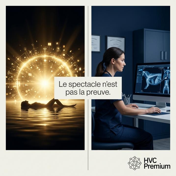 L'image illustre le potentiel de l'intelligence artificielle et de l'automatisation en médecine vétérinaire, montrant une vétérinaire analysant des données sur un ordinateur aux côtés d'illustrations technologiques.