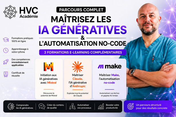 Cette image présente un parcours de formation en ligne axé sur l'intelligence artificielle et l'automatisation no-code, offrant des compétences pratiques applicables, notamment pour les vétérinaires.