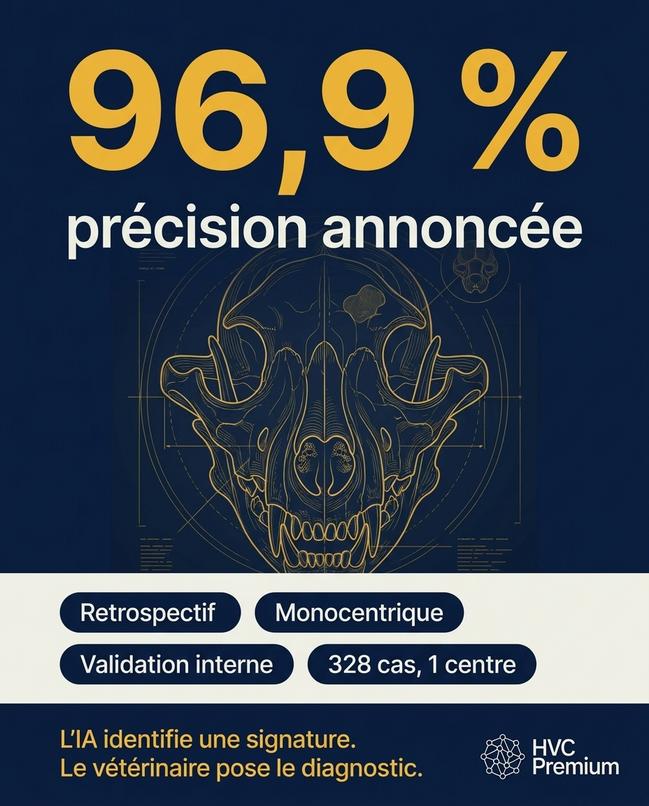 L'image met en avant une technologie d'intelligence artificielle utilisée dans le domaine vétérinaire, soulignant une précision de 96,9 % grâce à l'automatisation de l'identification des signatures pour le diagnostic.