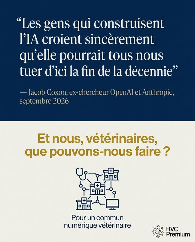 L'image évoque les défis de l'intelligence artificielle et de l'automatisation dans le domaine vétérinaire, incitant les professionnels à réfléchir à leur rôle face à ces nouvelles technologies.