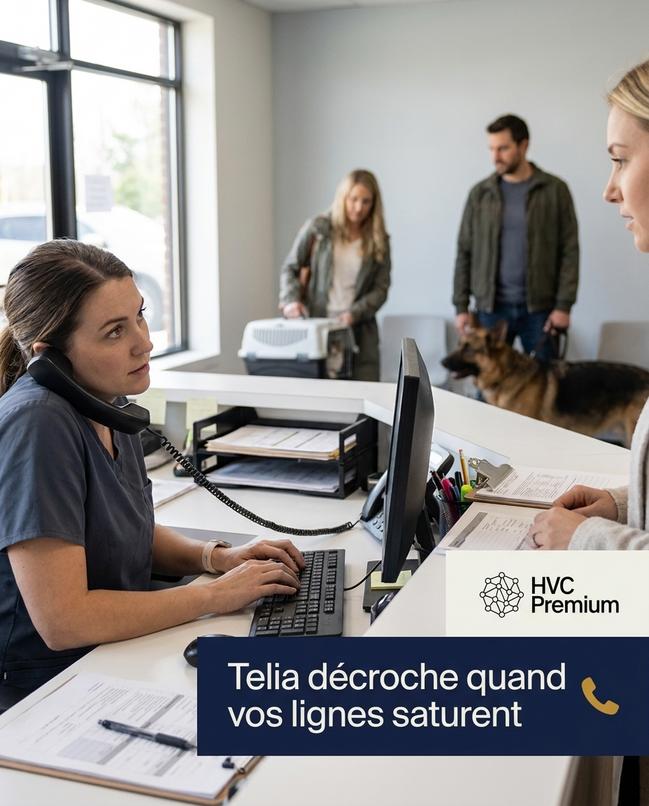 Dans un cabinet vétérinaire, l'intelligence artificielle et l'automatisation facilitent la gestion des appels, permettant un service plus efficace lors de l'accueil des clients et de leurs animaux.