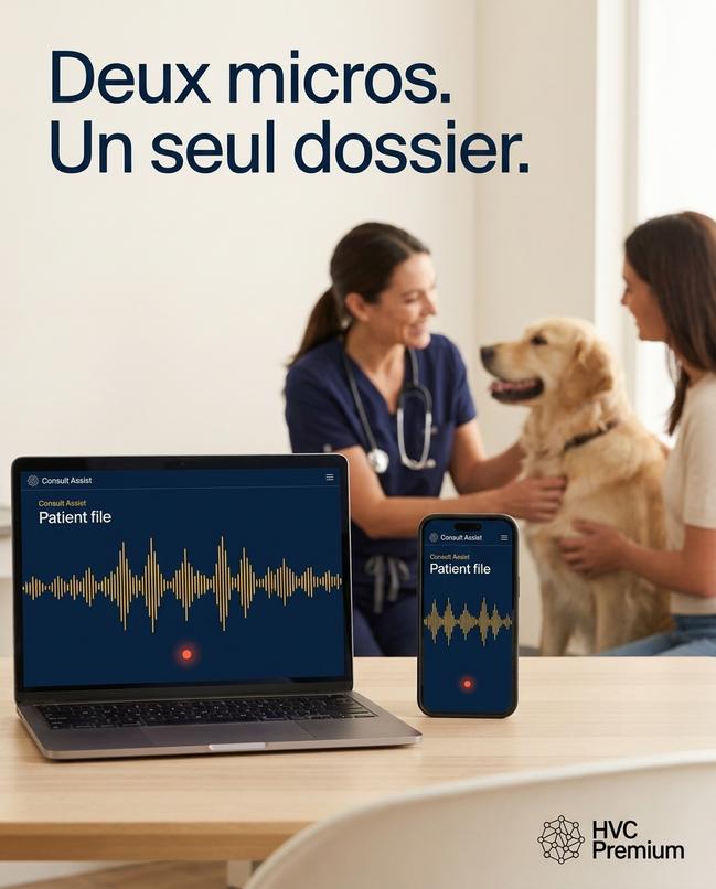 L'image illustre l'utilisation de l'intelligence artificielle et de l'automatisation dans le domaine vétérinaire, avec deux médecins utilisant des appareils pour gérer un dossier patient unifié tout en s'occupant d'un chien.