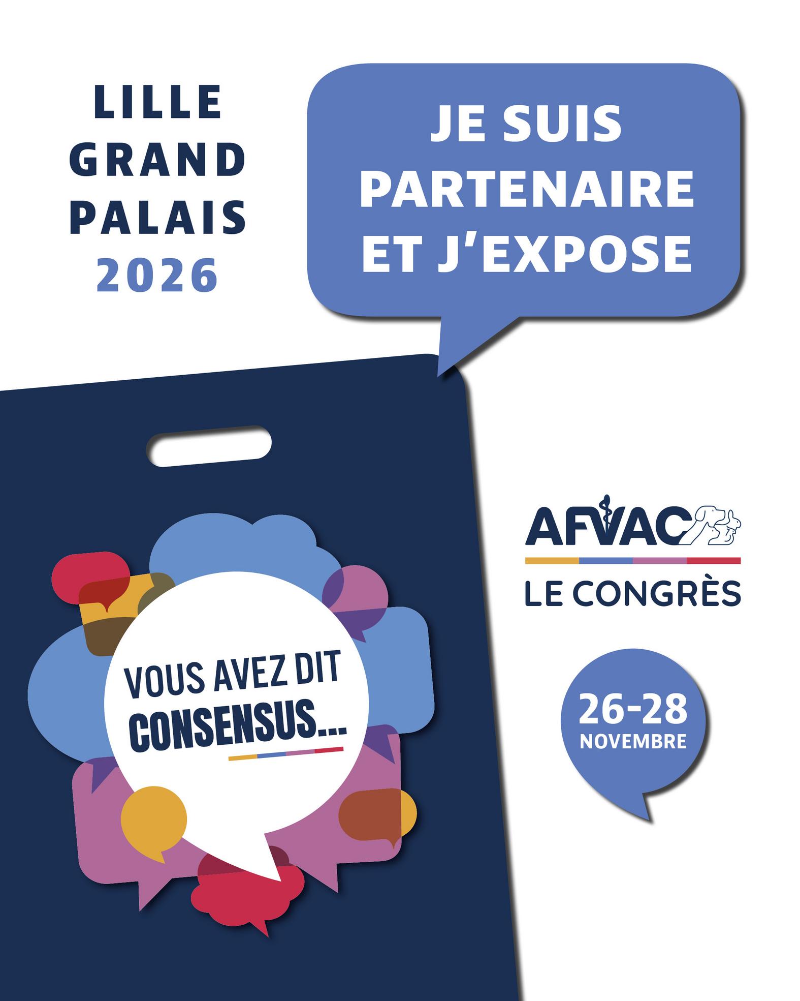 L'affiche annonce le congrès de l'AFVAC à Lille en 2026, explorant l'impact de l'intelligence artificielle et de l'automatisation dans le domaine vétérinaire pour favoriser le consensus professionnel.
