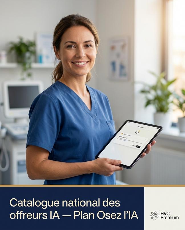Une vétérinaire souriante tient une tablette affichant un catalogue d'offreurs d'intelligence artificielle, soulignant l'importance de l'automatisation dans le domaine vétérinaire.