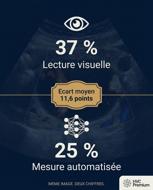 Cette image illustre l'importance croissante de l'intelligence artificielle dans le domaine vétérinaire, montrant que 25 % des mesures sont automatisées, tandis que la lecture visuelle affiche un écart moyen de 11,6 points à 37 %.