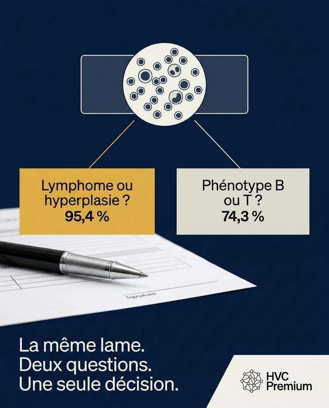 L'image illustre comment l'intelligence artificielle et l'automatisation peuvent aider les vétérinaires à diagnostiquer efficacement des conditions comme le lymphome ou l'hyperplasie, en posant des questions précises.