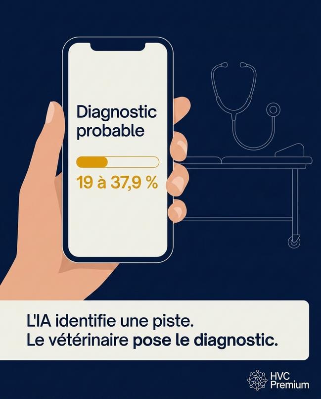 L'image montre un smartphone affichant un diagnostic médical basé sur l'intelligence artificielle, soulignant que celle-ci aide à automatiser le processus, tandis que le vétérinaire en valide le diagnostic final.