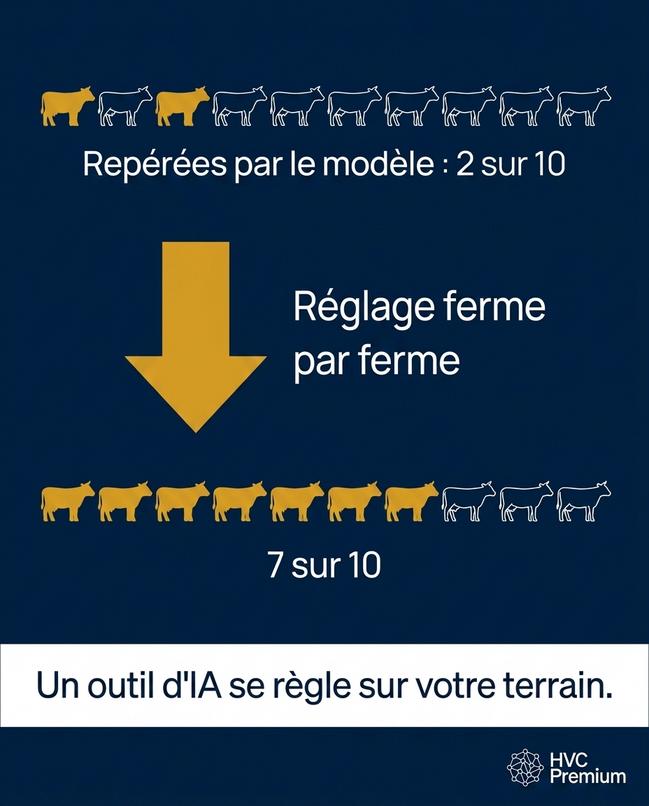 L'image illustre comment un outil d'intelligence artificielle, ajusté par des vétérinaires, améliore l'automatisation des procédés agricoles en augmentant le repérage du bétail de 2 à 7 sur 10.