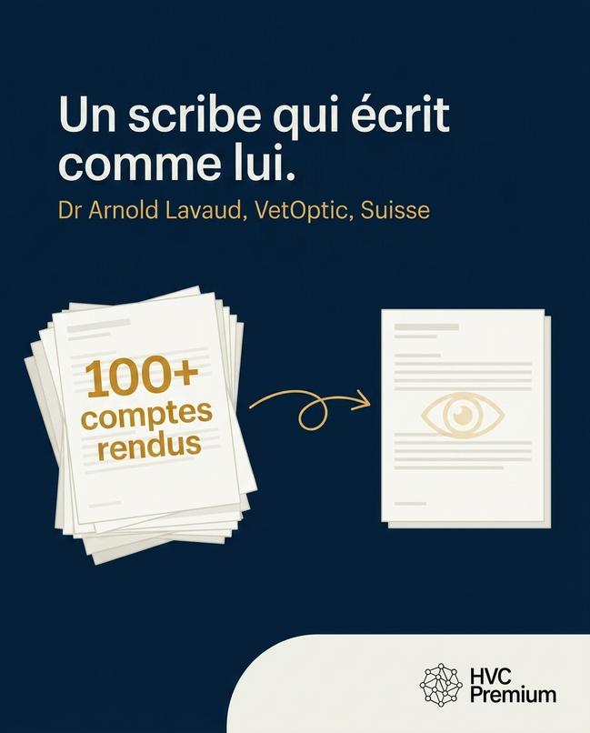 L'image évoque l'utilisation de l'intelligence artificielle et de l'automatisation par le Dr Arnold Lavaud de VetOptic pour rédiger plus de 100 comptes rendus vétérinaires.
