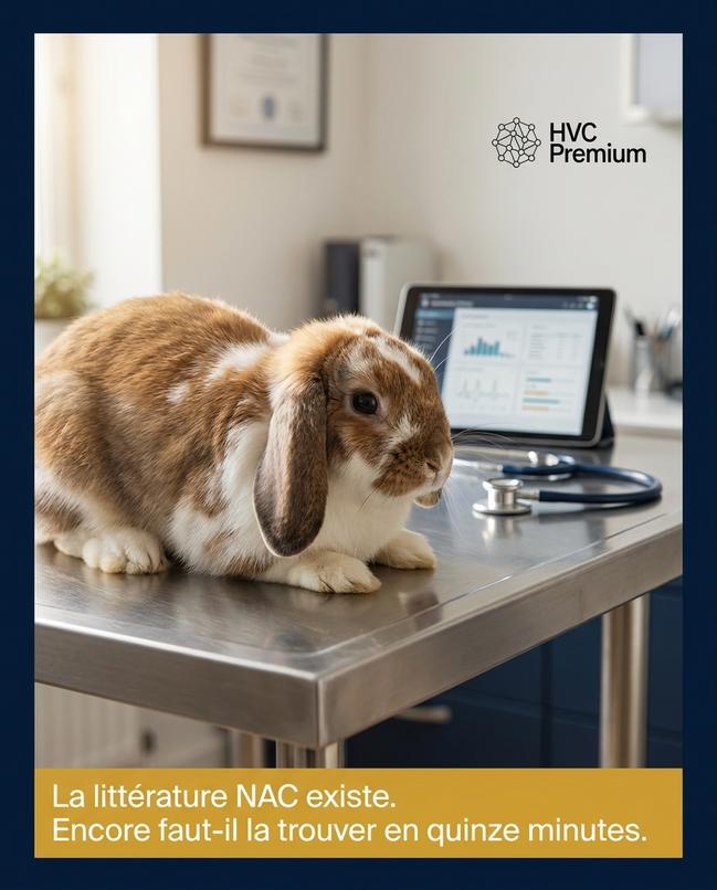 L'image montre un lapin sur une table vétérinaire, mettant en avant l'importance de l'intelligence artificielle et de l'automatisation pour accéder rapidement aux données littéraires nécessaires en médecine vétérinaire.