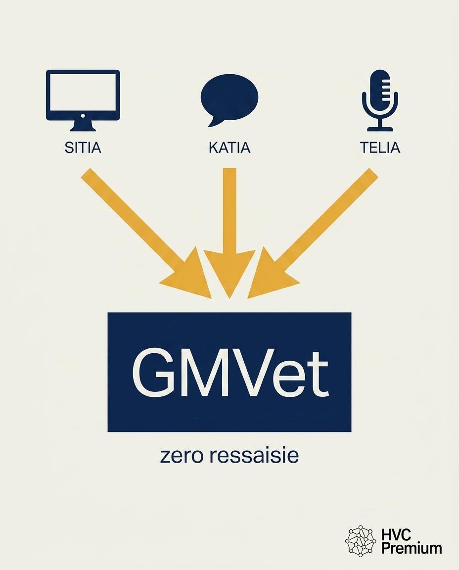 L'image illustre GMVet, un système d'automatisation pour vétérinaires qui intègre l'intelligence artificielle via SITIA, KATIA et TELIA pour améliorer l'efficacité des tâches sans ressaisie.