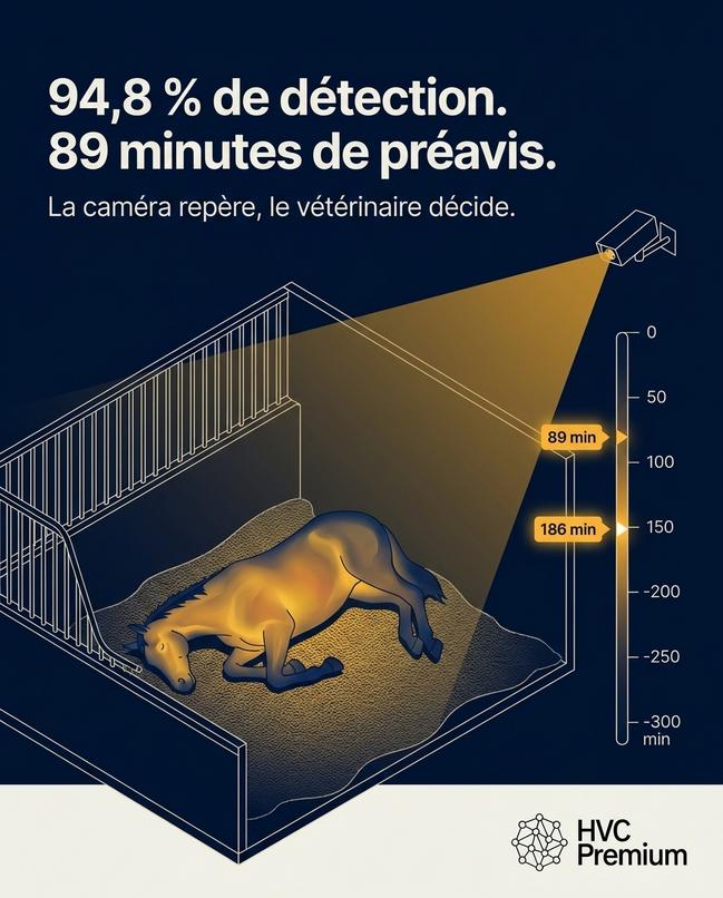 Cette image illustre un système d'intelligence artificielle permettant une automatisation efficace de la détection de la santé des chevaux, offrant au vétérinaire un préavis de 89 minutes pour intervenir.