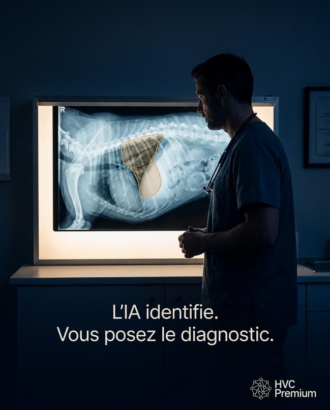 Un vétérinaire examine une radiographie assistée par intelligence artificielle, mettant en avant l'automatisation dans le diagnostic des animaux, soulignant l'importance de la technologie dans la médecine vétérinaire.
