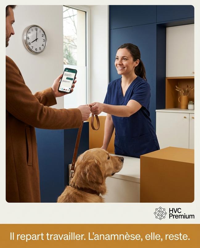 À l’accueil d’une clinique vétérinaire, une femme remet la laisse d’un chien à son propriétaire, qui consulte son téléphone avant de repartir travailler.