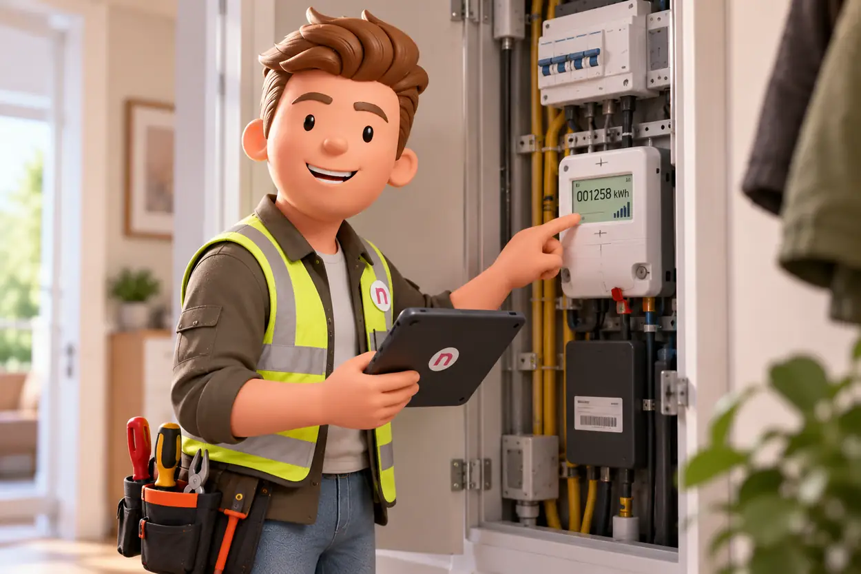Neople character with a tablet at the smart meter in the meter cupboard