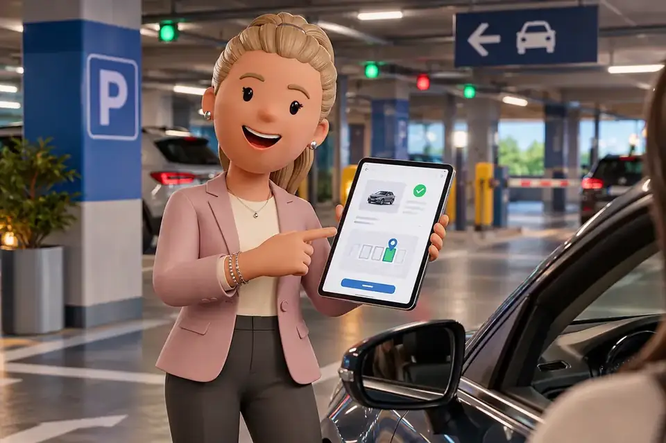 Neople character in a car park with a tablet showing a reserved parking space