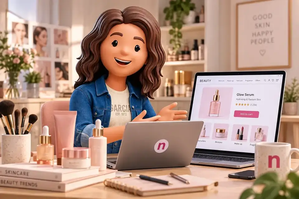 Neople character behind a laptop with a beauty webshop