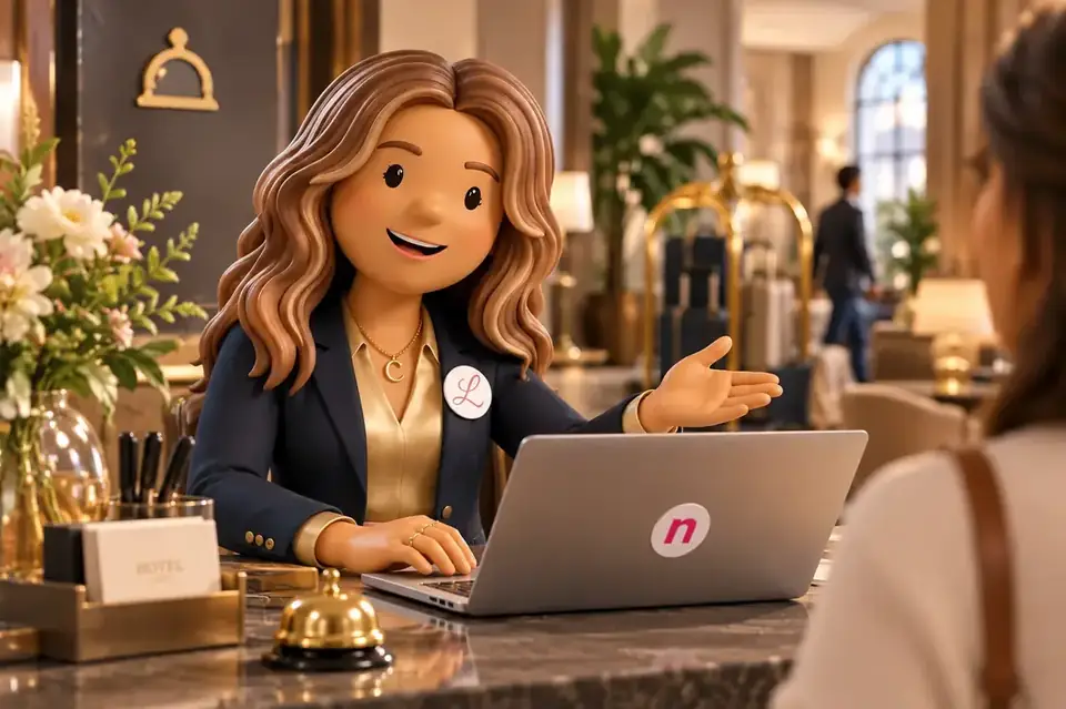 Neople character behind a hotel reception desk with a laptop