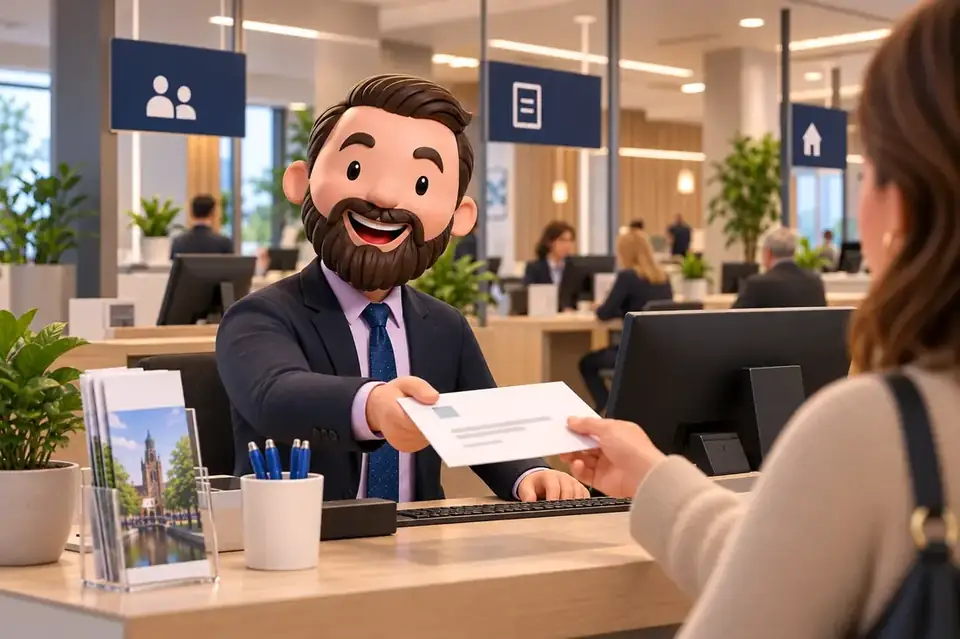 Neople character behind a municipal service desk, handing a resident a document