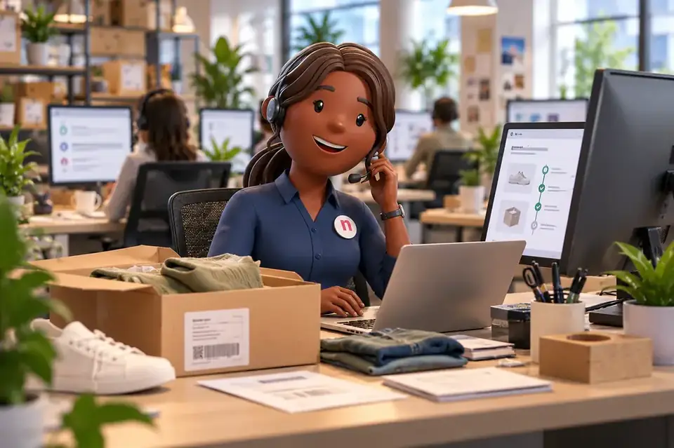 Neople character with parcels and a laptop showing an online shop