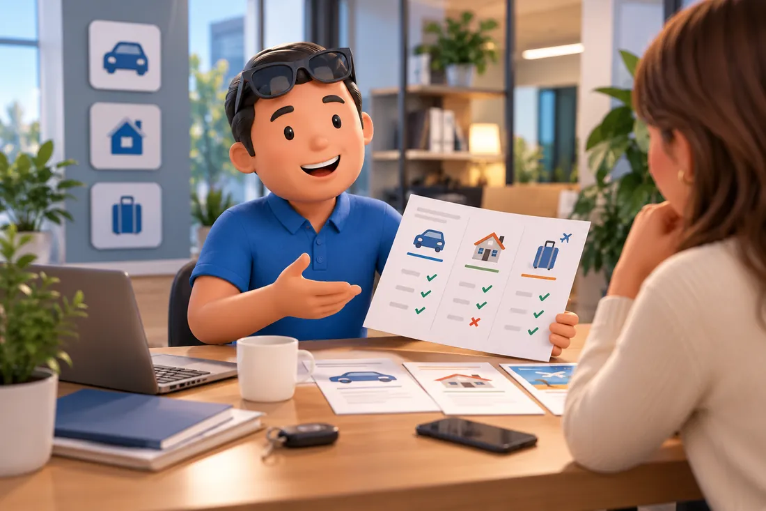 A Neople explains car, home and travel insurance cover to a customer