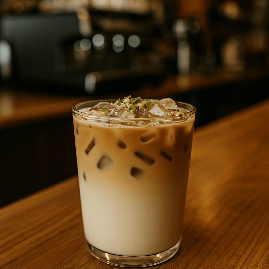 A drink sitting on top of a wooden table.