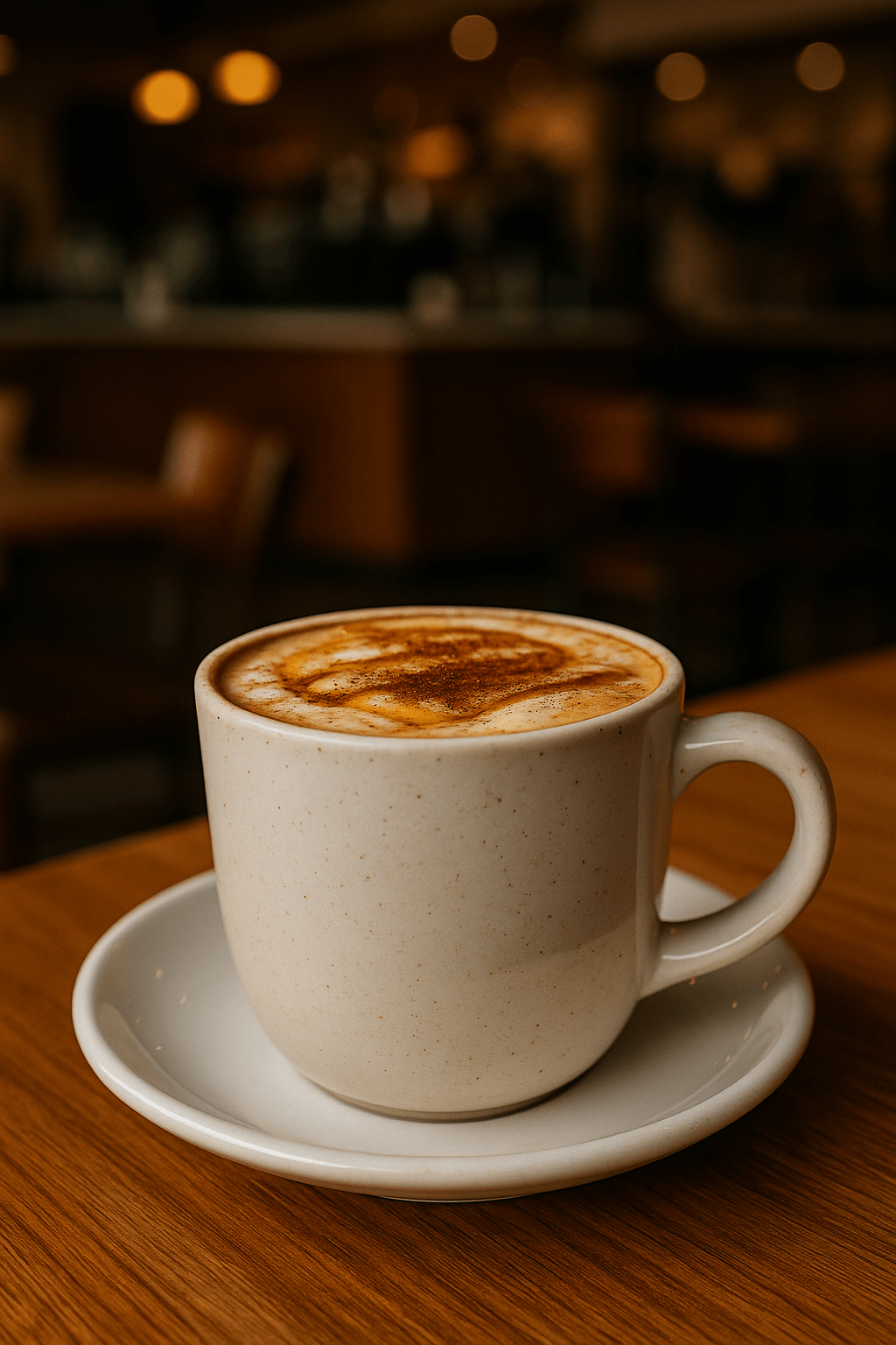 A cappuccino sits on a saucer on a table.