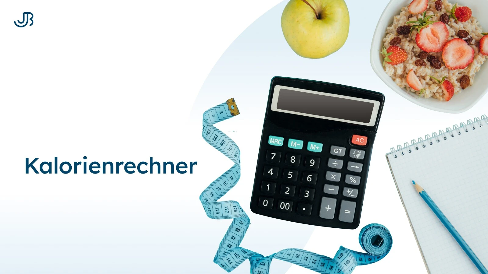 Illustration eines Kalorienrechners mit einem Taschenrechner, einem Maßband, einem Apfel, einer Schale mit Haferflocken und einem Notizblock. Das Bild symbolisiert die Berechnung von Kalorien zur Unterstützung von Gewichtsverlust und gesunder Ernährung.