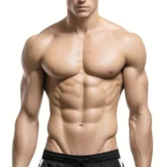 Niedriger KFA: "Frontalansicht eines Mannes mit niedrigem Körperfettanteil und stark definierten Muskeln, der einen durchtrainierten Körper präsentiert. Das Bild symbolisiert Fitness und körperliche Definition."

