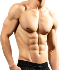 Bild eines muskulösen, durchtrainierten männlichen Oberkörpers mit definiertem Sixpack und starken Armen, dargestellt in Fitnesskleidung. Symbolisiert körperliche Fitness und Erfolge durch Training und gesunde Lebensweise.