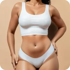 Frau mit mittlerem Körperfettanteil in weißer Unterwäsche, die frontal in die Kamera schaut. 