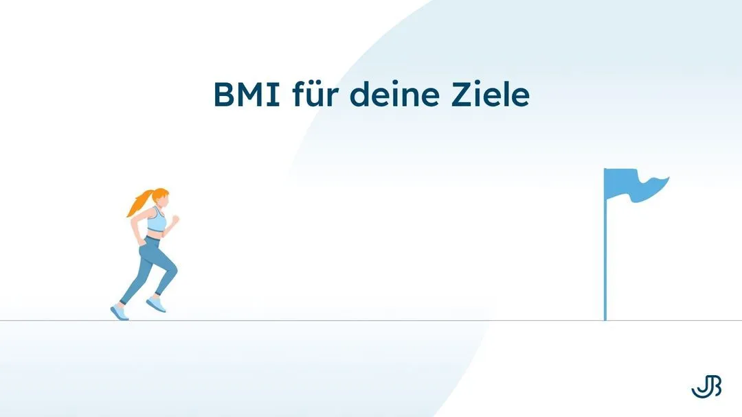 Illustration einer Frau, die auf eine Zielflagge zuläuft, mit dem Titel 'BMI für deine Ziele'. Jan Bahmann gibt Tipps zur BMI-Berechnung und Zielerreichung.