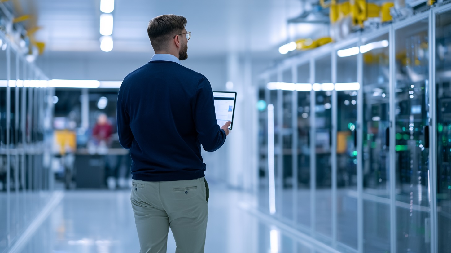 data center server hall with cooling infrastructure monitored by engineer using industrial ai & analytics