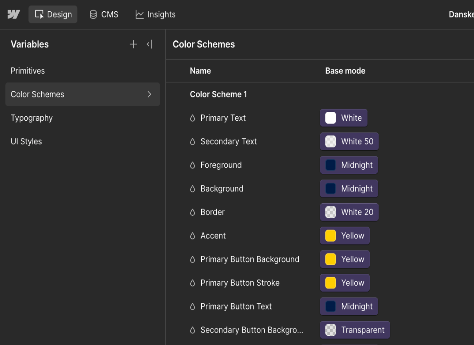 The same variable collections in Webflow.
