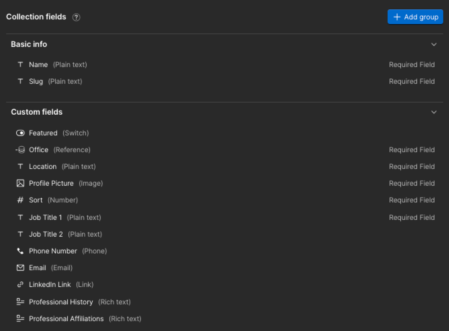 Teams collection settings in Webflow, with Profile Picture marked required.