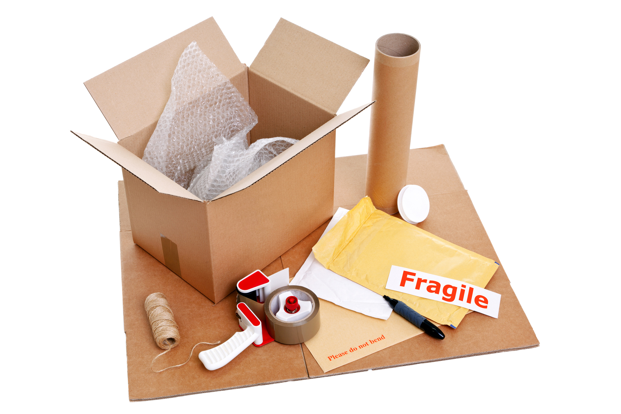 warehouse consumables, including open cardboard box and tape