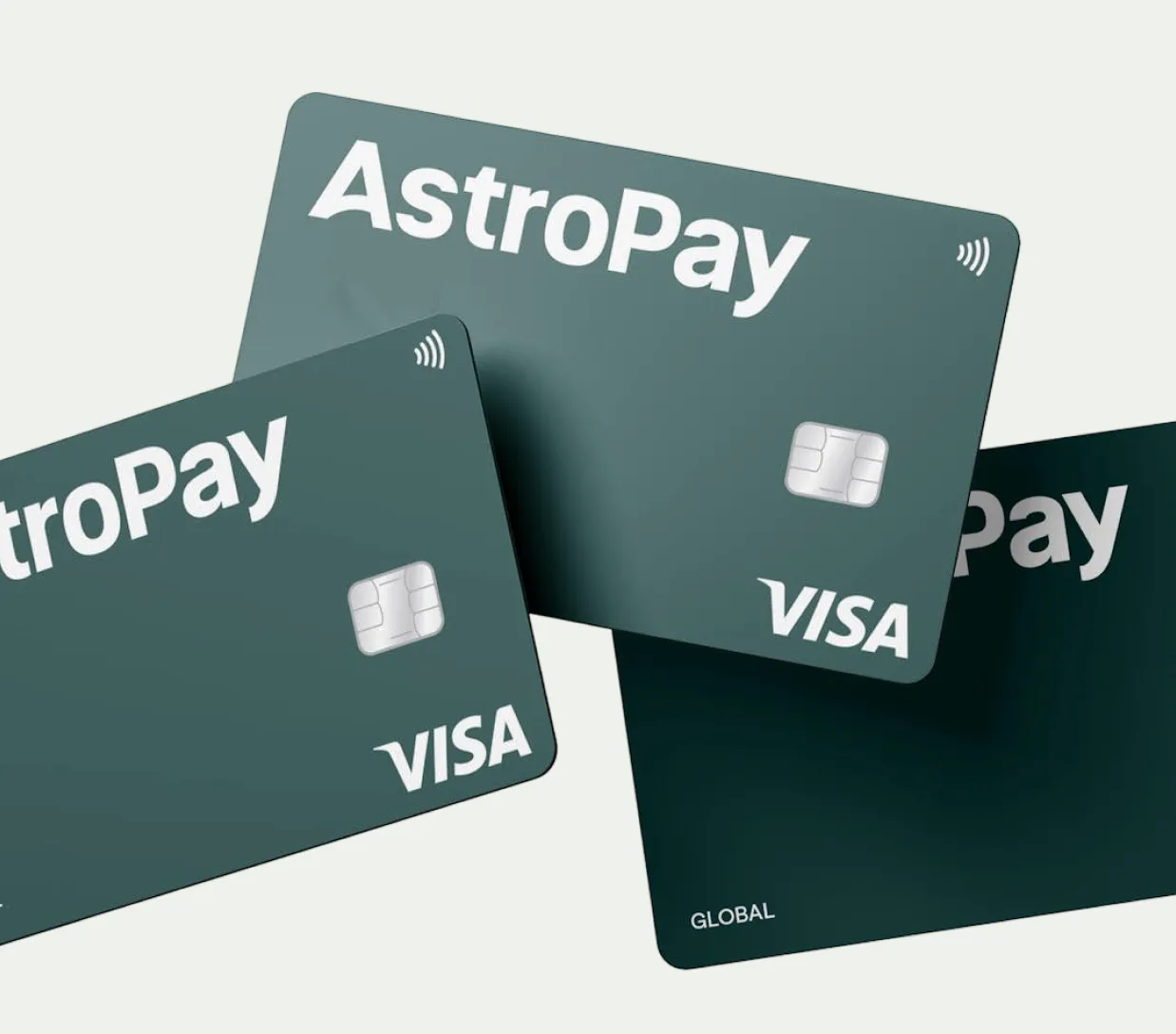 Dos tarjetas de crédito astropay verdes y blancas.