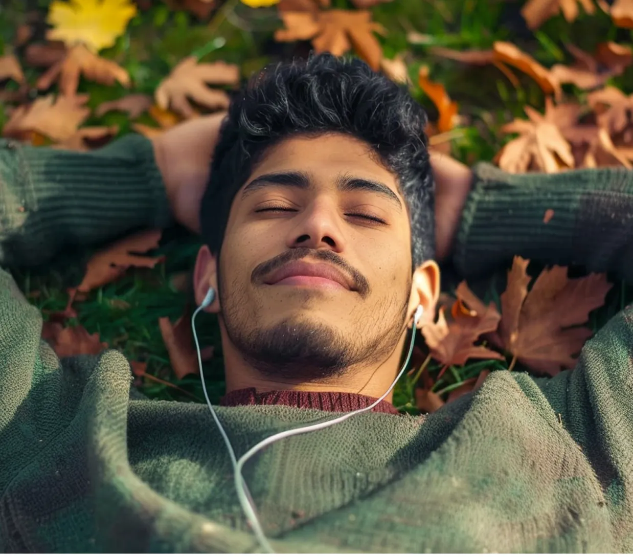 Un hombre tumbado en el césped escuchando música.