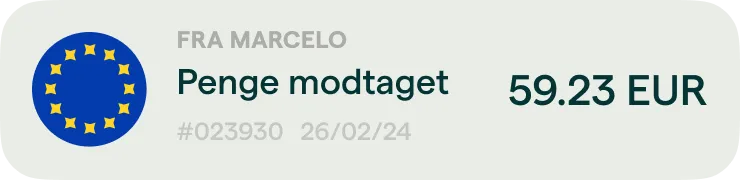 Et visitkort med ordene penge sendt.